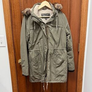 Eddie Bauer Olive Utility Jacket with Faux Fur Trim